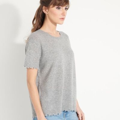Camiseta AVA 6 de cashmere holgado cuello redondo manga corta con acabados cincelados gris claro