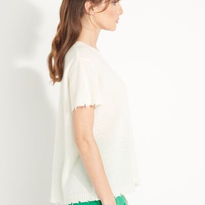 T shirt AVA 6 in cashmere fuori calibro girocollo maniche corte con rifiniture cesellate bianco ecrù