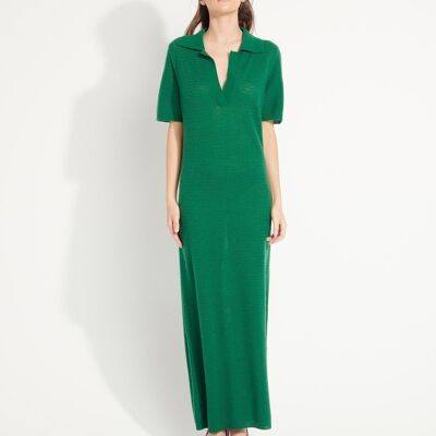 AVA 18 Long emerald green pointelle knit cashmere polo neck dress