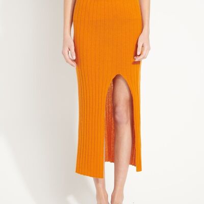 AVA 13 Off-Gauge Cashmere Long Skirt with Pumpkin Orange Slit