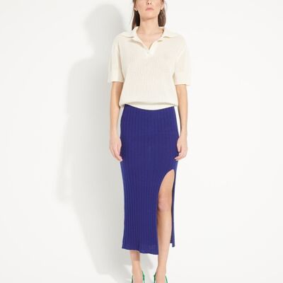 AVA 13 Gonna lunga off-plane in cashmere con spacco blu notte