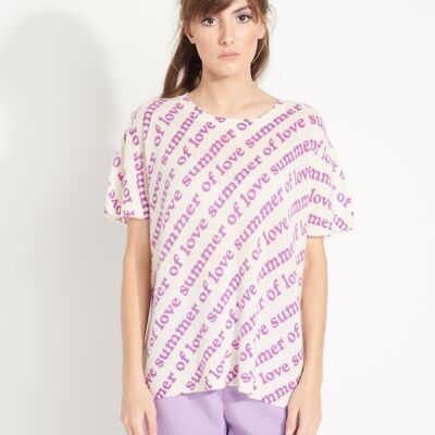 AVA 10 T-shirt in off-gauge cashmere, round neck, short sleeves with "SUMMER OF LOVE" print, off-white