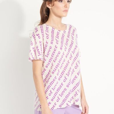 Camiseta AVA 10 de cashmere ondulado, cuello redondo, manga corta con estampado "SUMMER OF LOVE", blanco roto