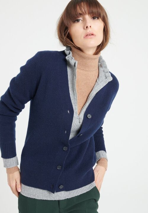 MIA 14 Cardigan col V en cachemire cintré à mailles côtellées bleu marine