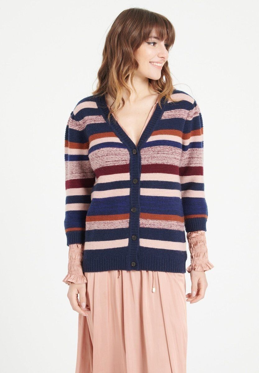 MIA 11 Cardigan scollo a V in cashmere rigato con maniche a sbuffo 6 capi multi colore