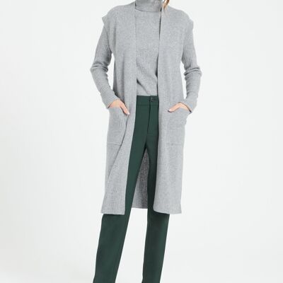 MIA 6 Cardigan lungo smanicato in maglia di cashmere a costine grigio chiaro