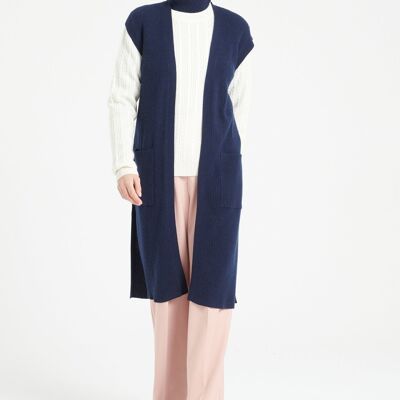 MIA 6 Cardigan lungo in cashmere a costine blu scuro senza maniche