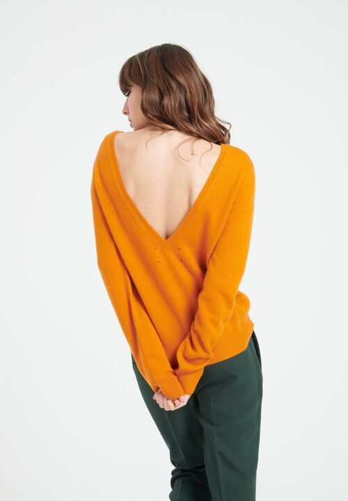 MIA 7 Pull décolleté en V dans le dos en cachemire orange citrouille