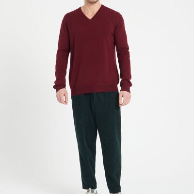 LUKE 11 Jersey cuello pico de cashmere rojo burdeos