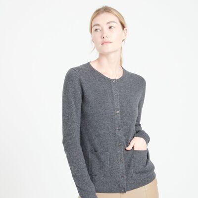 LILLY 4 Round neck cardigan in anthracite gray fitted cashmere