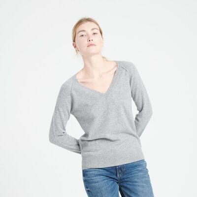 LILLY 6 Pull col V en cachemire ample gris clair