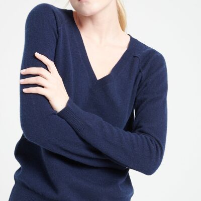 LILLY 6 Marineblauer lockerer Kaschmirpullover mit V-Ausschnitt