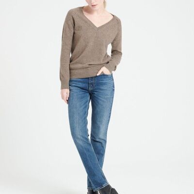 LILLY 6 Jersey holgado de cashmere topo con cuello de pico