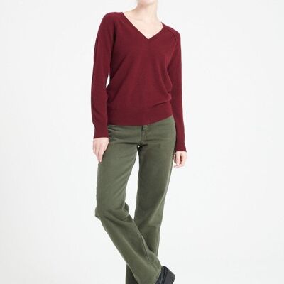 LILLY 6 Pull col V en cachemire ample rouge bordeaux