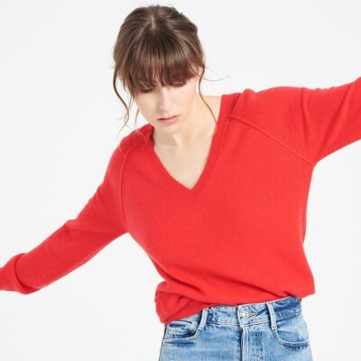 LILLY 6 Pull col V en cachemire ample rouge