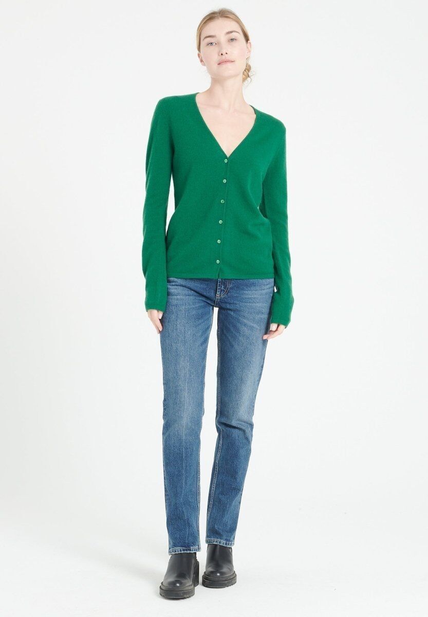 Cardigan LILLY 7 con scollo a V in cashmere aderente verde smeraldo