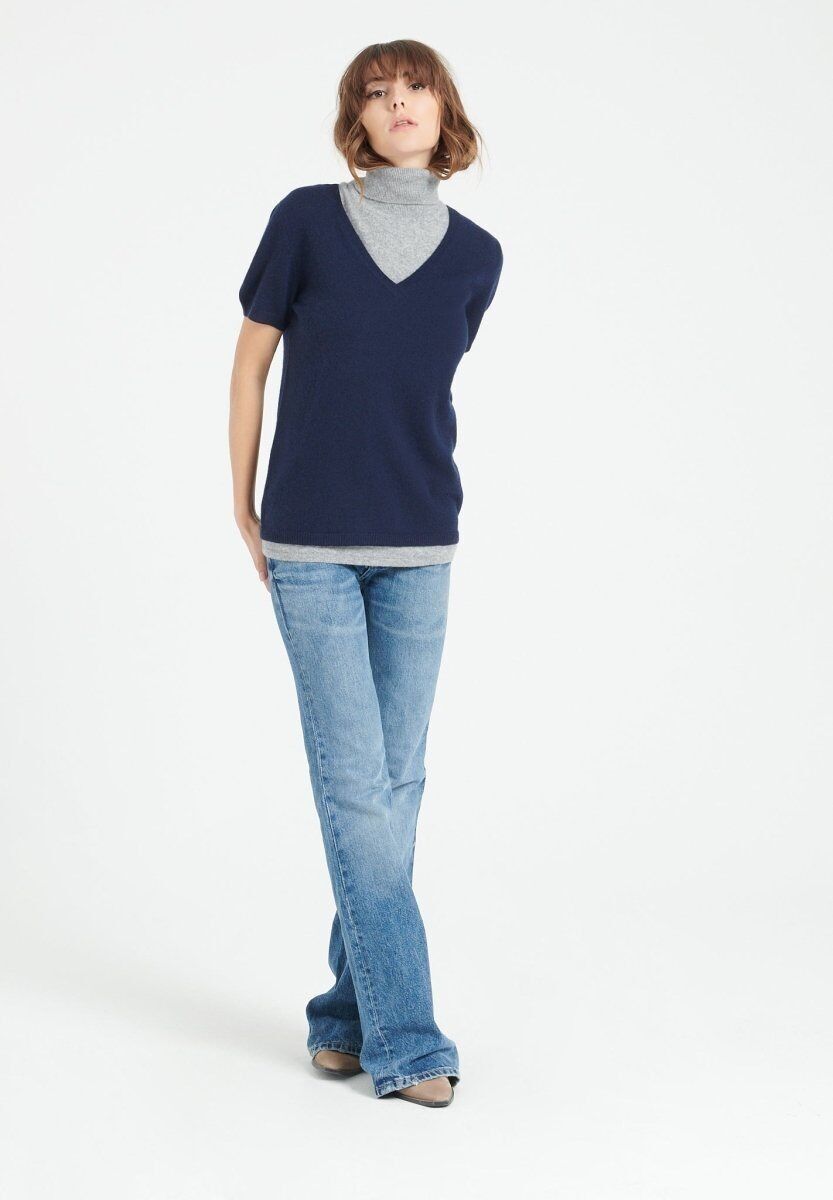 LILLY 14 Maglia scollo a V in cashmere a maniche corte blu navy