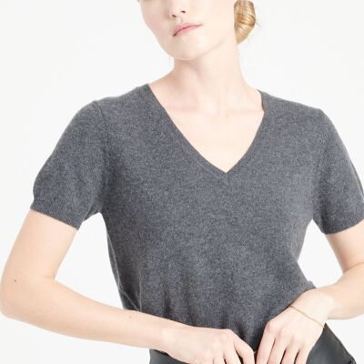LILLY 14 Charcoal gray short-sleeved cashmere V-neck sweater