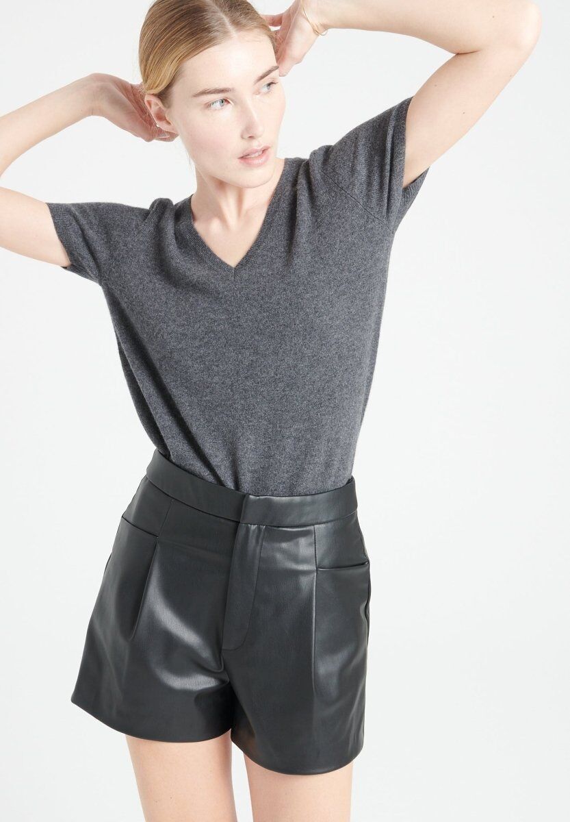 LILLY 14 Maglia a maniche corte in cashmere grigio antracite con scollo a V