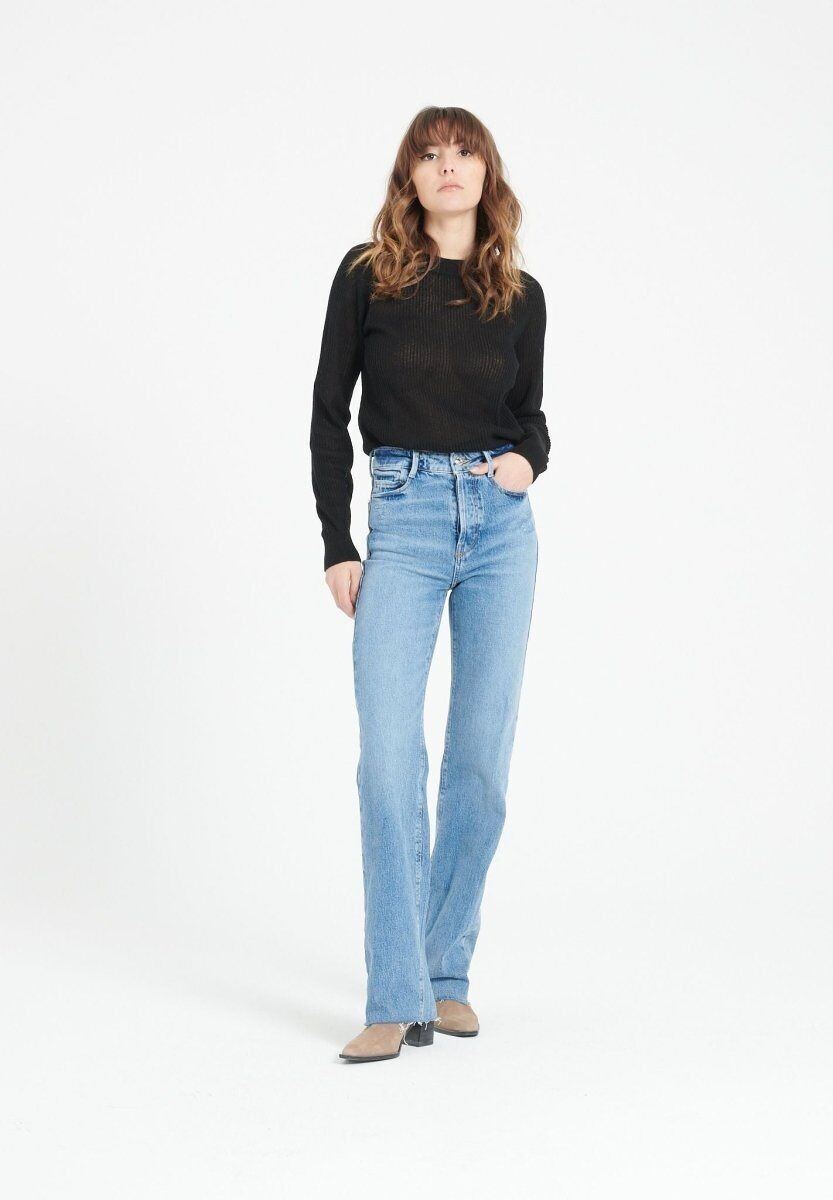 LILLY 23 Schwarzer Pullover aus Kaschmir in Pointelle-Strick mit Rundhalsausschnitt