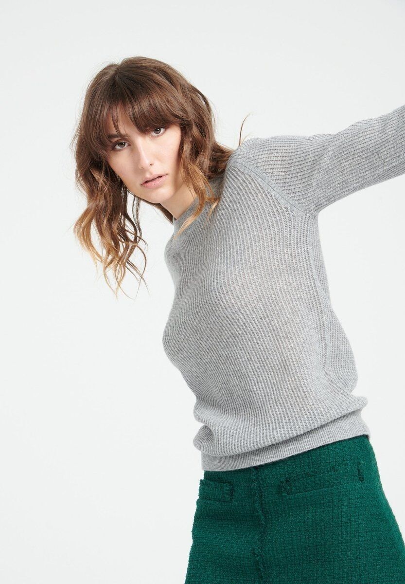 LILLY 23 Pull col rond en cachemire à mailles pointelles gris clair