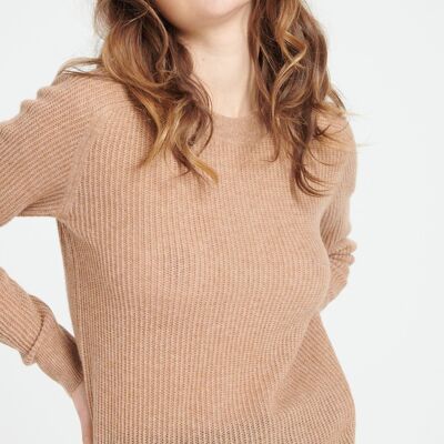 LILLY 23 Camel pointelle-knit round-neck cashmere sweater