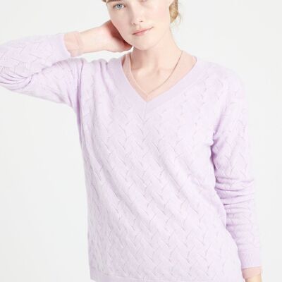 LILLY 27 V-neck sweater in lilac openwork knit cashmere