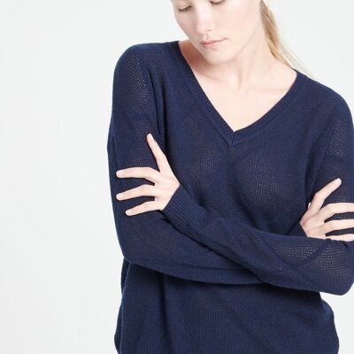 LILLY 31 Maglia scollo a V in cashmere pointelle di colore blu navy