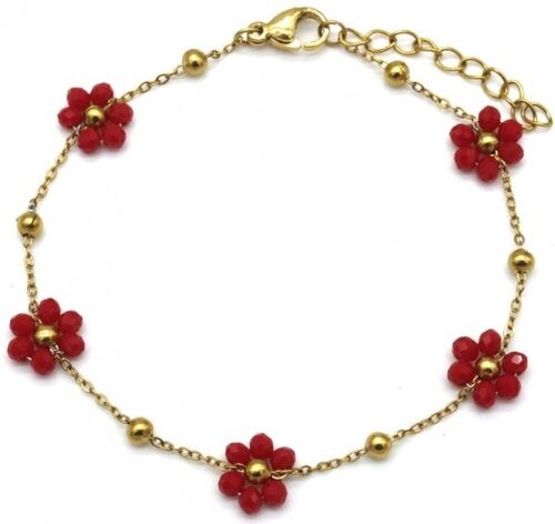 I-F9.2 B68-002 S. Steel Bracelet Glass Flowers Red