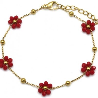 I-F9.2 B68-002 S. Acero Brazalete Cristal Flores Rojo