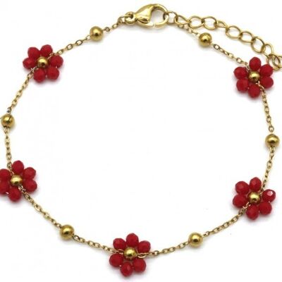 I-F9.2 B68-002 S. Steel Bracelet Glass Flowers Red