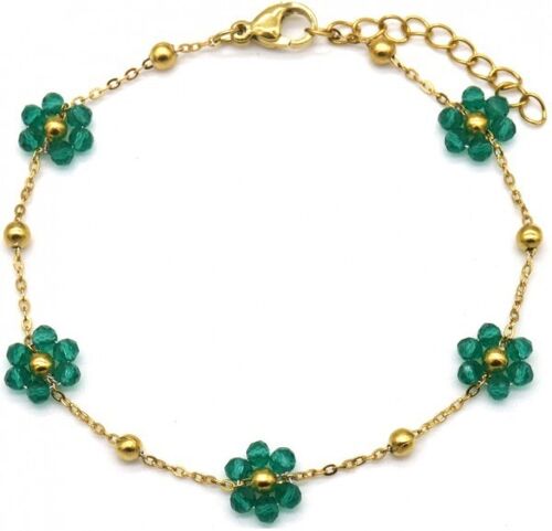 I-F8.2 B68-002 S. Steel Bracelet Glass Flowers Green