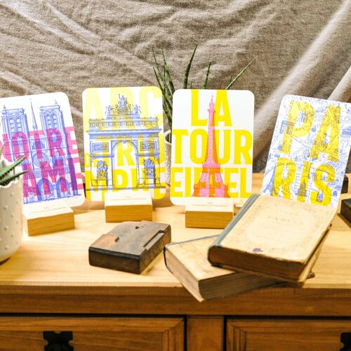 Pack Test: les 4 cartes Letterpress Paris Pop, Tour Eiffel, Notre Dame, Arc de Triomphe, architecture, été, fluo, jaune, rose, bleu
