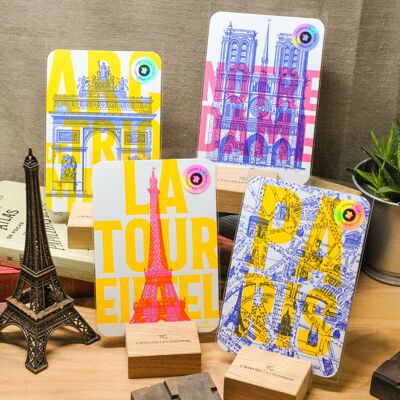 Packungstest: die 4 Letterpress Paris Pop-Karten, Eiffelturm, Notre Dame, Arc de Triomphe, Architektur, Sommer, Fluo, Gelb, Pink, Blau