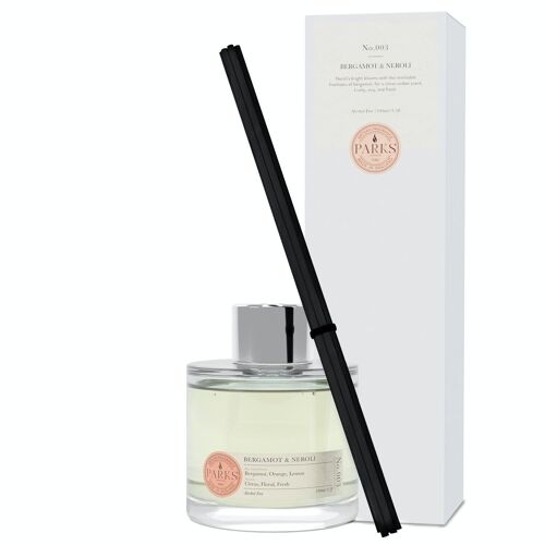 Bergamot & Neroli Scented Diffuser - 100ml, Alcohol-free Reed Diffuser, Hand-blended fragrance, Made in UK.