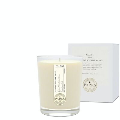 Jasmine & White Musk Scented Candle - 180g,  100% natural wax, Coreless Cleanburn™, Made in UK, Hand-blended fragrance.