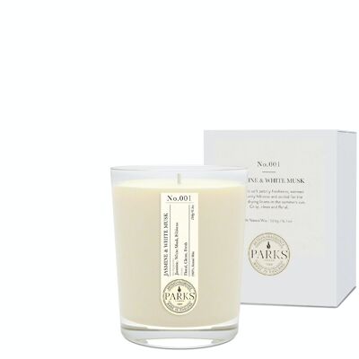 Vela perfumada de jazmín y almizcle blanco - 180 g, cera 100 % natural, Coreless Cleanburn™, fabricada en el Reino Unido, fragancia mezclada a mano.