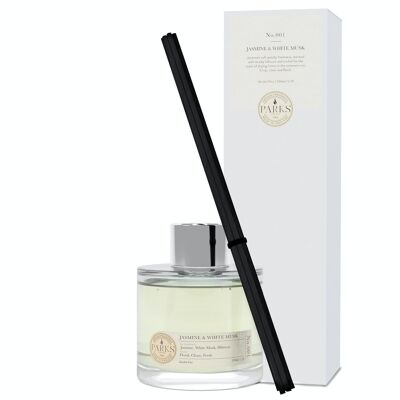 Jasmine & White Musk Scented Diffuser - 100ml, Alcohol-free Reed Diffuser, Hand-blended fragrance, Made in UK.