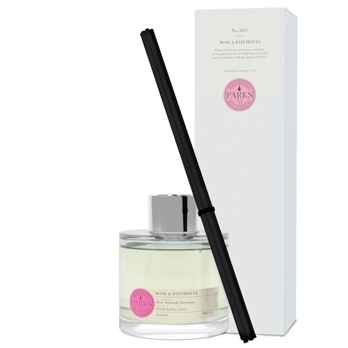 Rose & Patchouli Scented Diffuser - 100ml, Alcohol-free Reed Diffuser, Hand-blended fragrance, Made in UK.