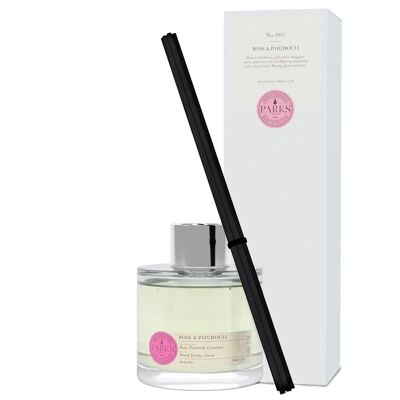 Diffusore profumato alla rosa e patchouli - 100 ml, diffusore a bastoncini senza alcool, fragranza miscelata a mano, prodotto nel Regno Unito.