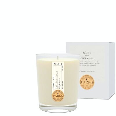Bougie parfumée Santal Vanille - 180 g, cire 100 % naturelle, Coreless Cleanburn™, fabriquée au Royaume-Uni, parfum mélangé à la main.