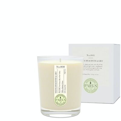 Bougie parfumée à la jacinthe blanche et au lys - 180 g, cire 100 % naturelle, Coreless Cleanburn™, fabriquée au Royaume-Uni, parfum mélangé à la main.