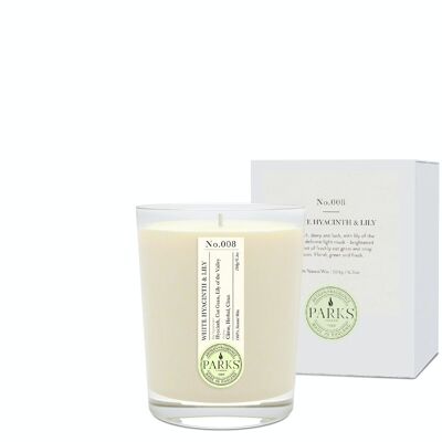 Candela profumata White Hyacinth & Lily - 180 g, 100% cera naturale, Coreless Cleanburn™, Made in UK, Fragranza miscelata a mano.
