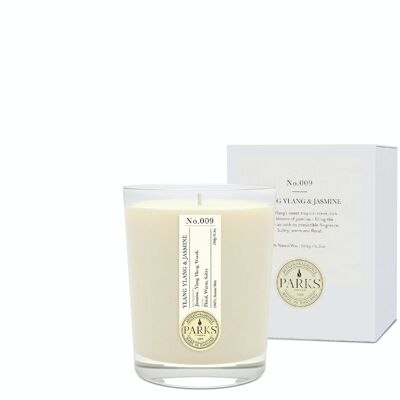 Bougie parfumée Ylang Ylang & Jasmin - 180 g, cire 100 % naturelle, Coreless Cleanburn™, fabriquée au Royaume-Uni, parfum mélangé à la main.