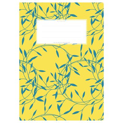 Couverture de cahier DIN A4 jaune à motifs, vrilles de fleurs