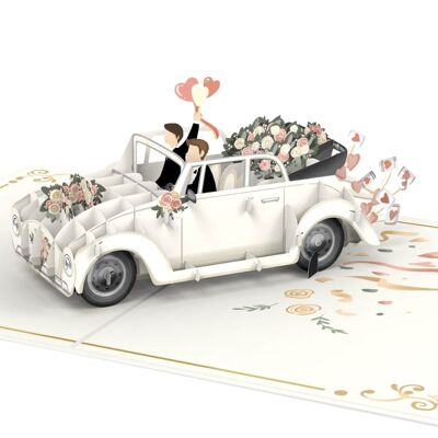 Coche de bodas con tarjeta emergente de pareja gay