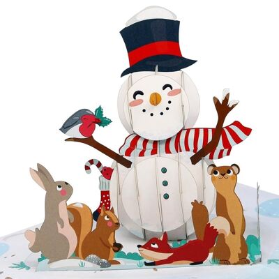 Biglietto pop-up pupazzo di neve con animali