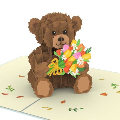 Biglietto pop-up Teddy con fiori