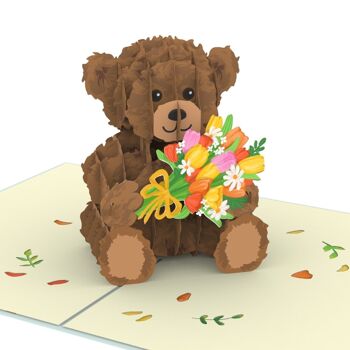 Carte pop-up Teddy avec fleurs 1