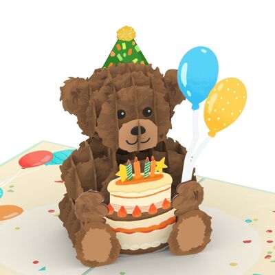 Teddy with birthday cake pop up card
